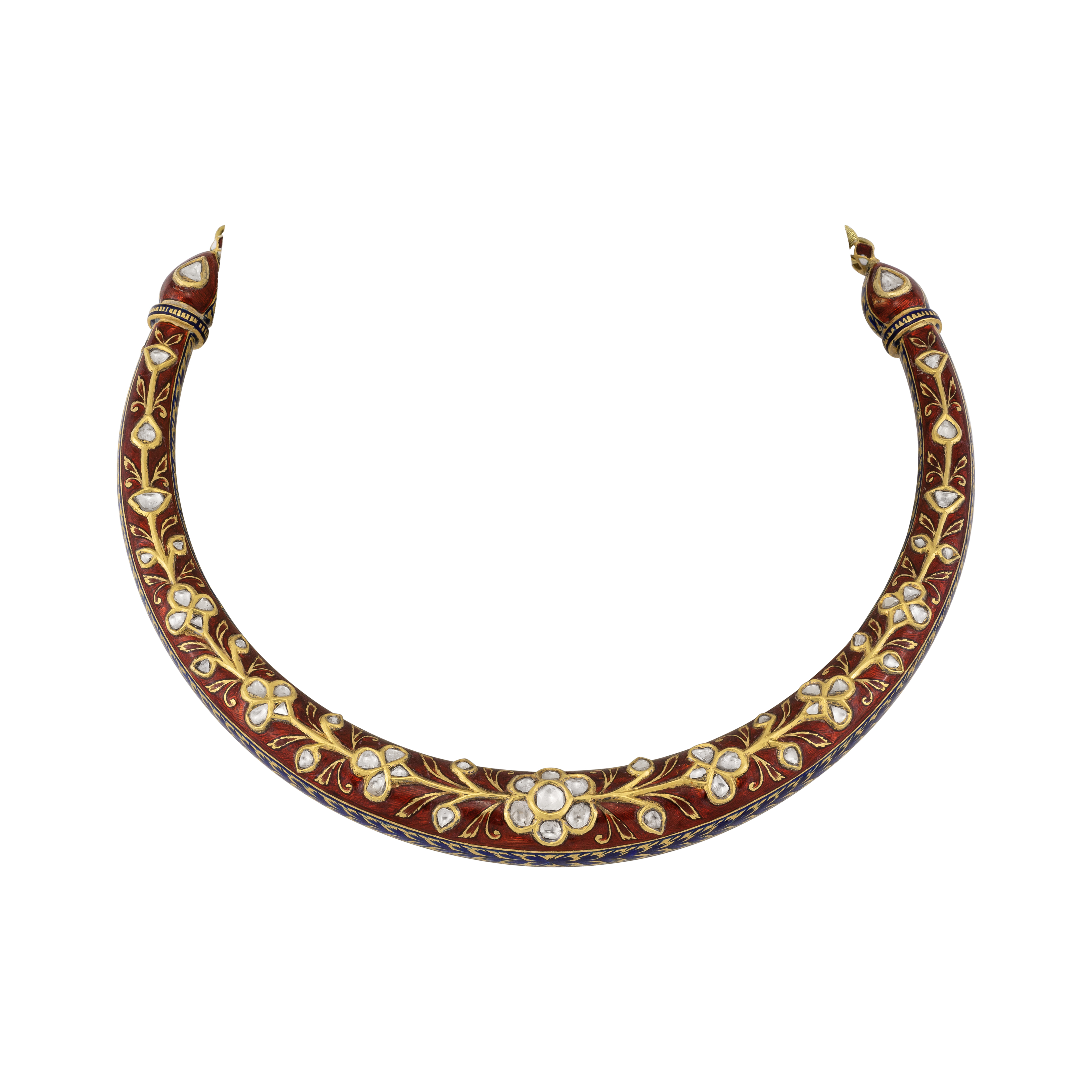Floral Hasli with Uncut Polki & Red Enamel Detailing